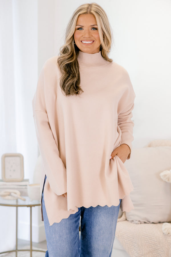 Chic Soul plus size clothing, taupe long sleeve mock neck sweater with side slits and scalloped hem