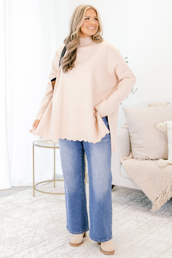 Chic Soul plus size clothing, taupe long sleeve mock neck sweater with side slits and scalloped hem