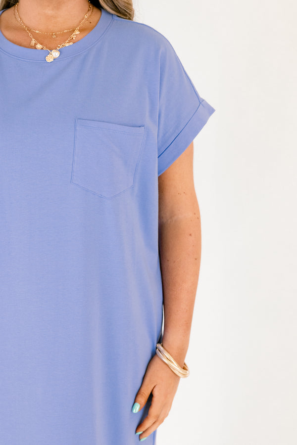 Chic Soul plus size clothing, cornflower blue long midi dress with left breast pocket, two pockets on the side near hips and slit along the sides of the bottom of the dress