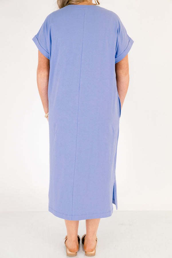 Chic Soul plus size clothing, cornflower blue long midi dress with left breast pocket, two pockets on the side near hips and slit along the sides of the bottom of the dress