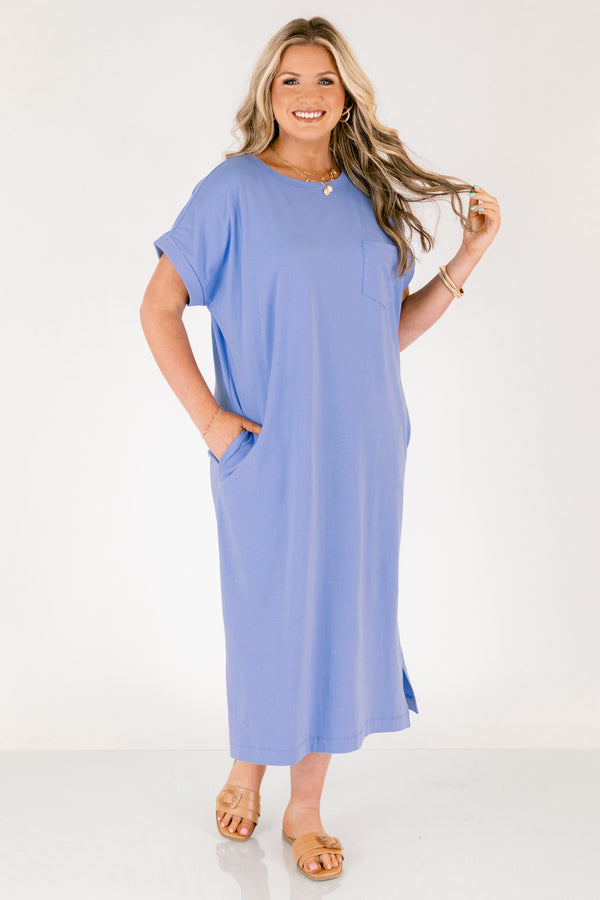 Chic Soul plus size clothing, cornflower blue long midi dress with left breast pocket, two pockets on the side near hips and slit along the sides of the bottom of the dress