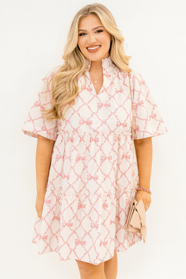 Chic Soul plus size clothing, white short flowy sleeve short dress with light pink bow and lace pattern and v-neckline with popped frill collar