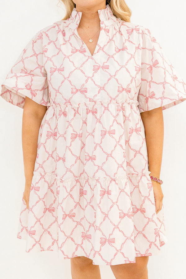 Chic Soul plus size clothing, white short flowy sleeve short dress with light pink bow and lace pattern and v-neckline with popped frill collar