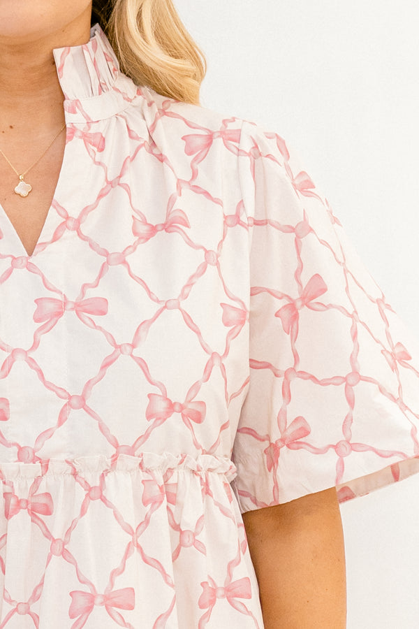 Chic Soul plus size clothing, white short flowy sleeve short dress with light pink bow and lace pattern and v-neckline with popped frill collar