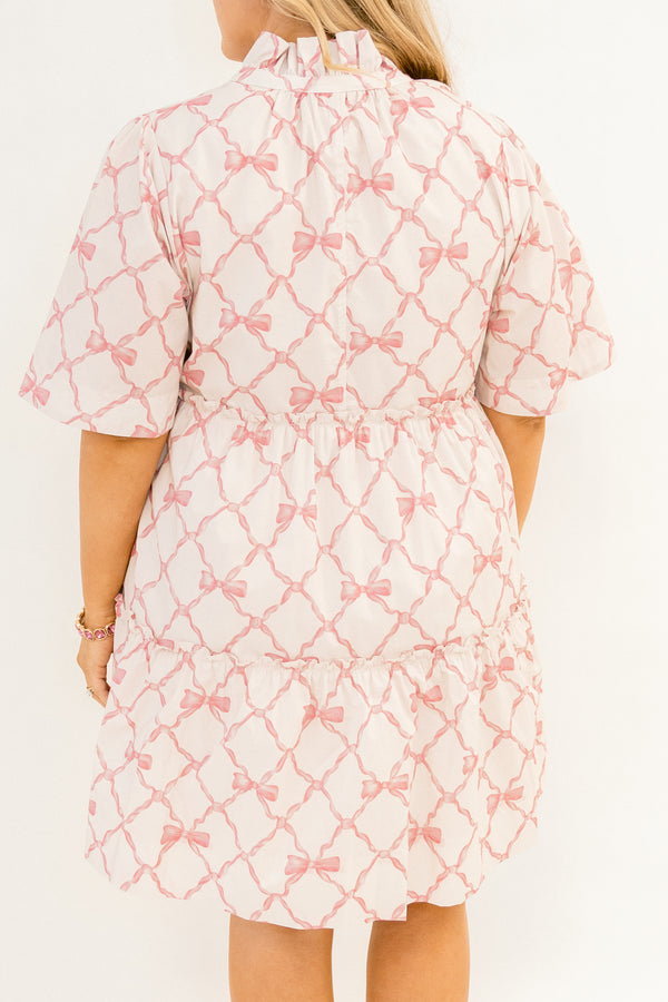 Chic Soul plus size clothing, white short flowy sleeve short dress with light pink bow and lace pattern and v-neckline with popped frill collar