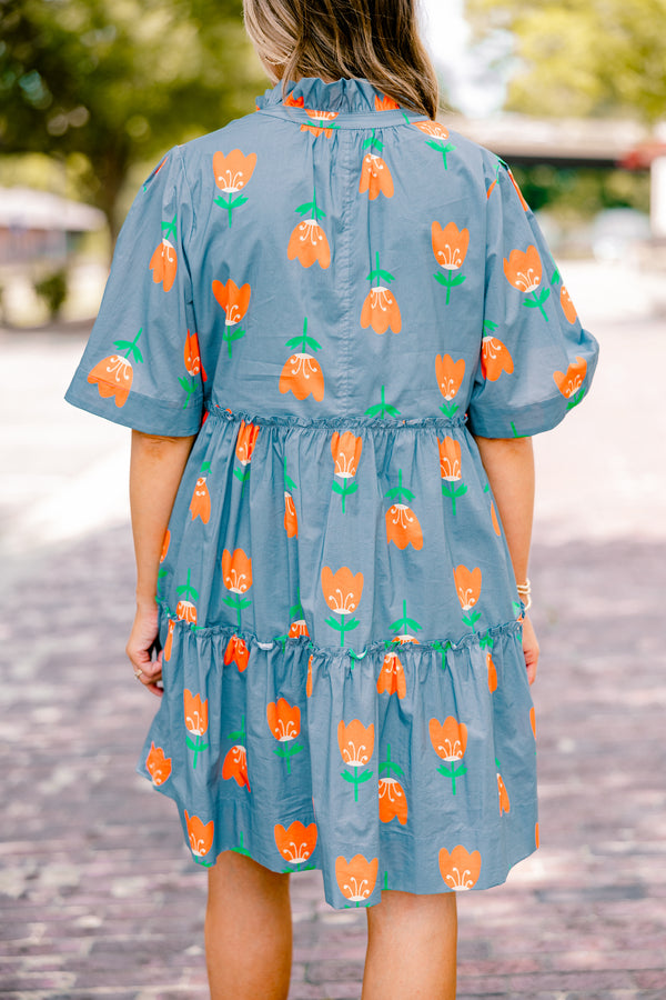 Chic Soul plus size clothing, orange baby doll dress with short sleeves and orange tulips throughout the dress