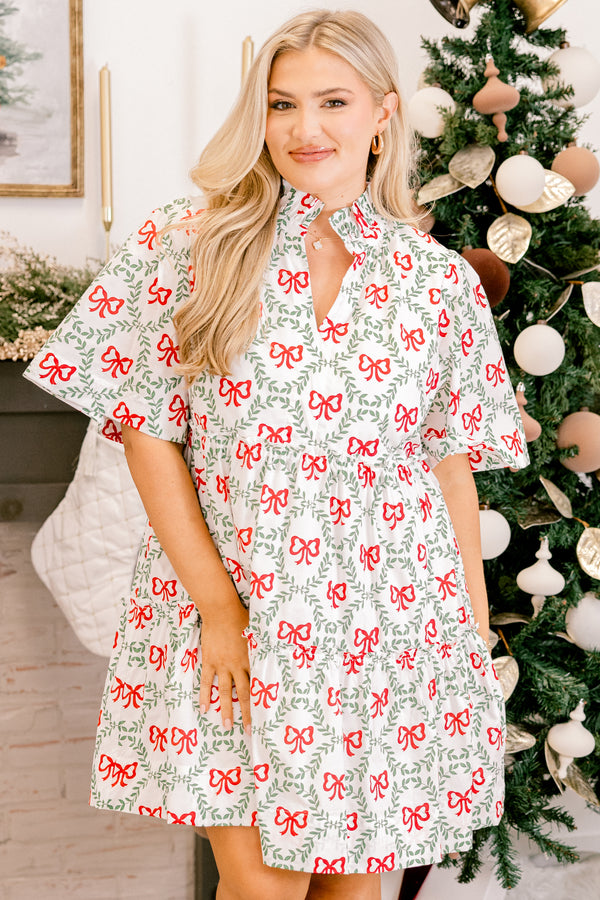 Chic Soul plus size clothing, white short sleeve baby doll dress with green vines and red bow pattern and v neckline cutout