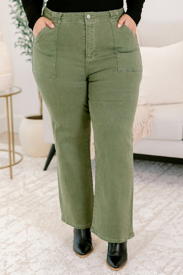 Chic soul plus size clothing, moss green flare jeans with front larger pockets