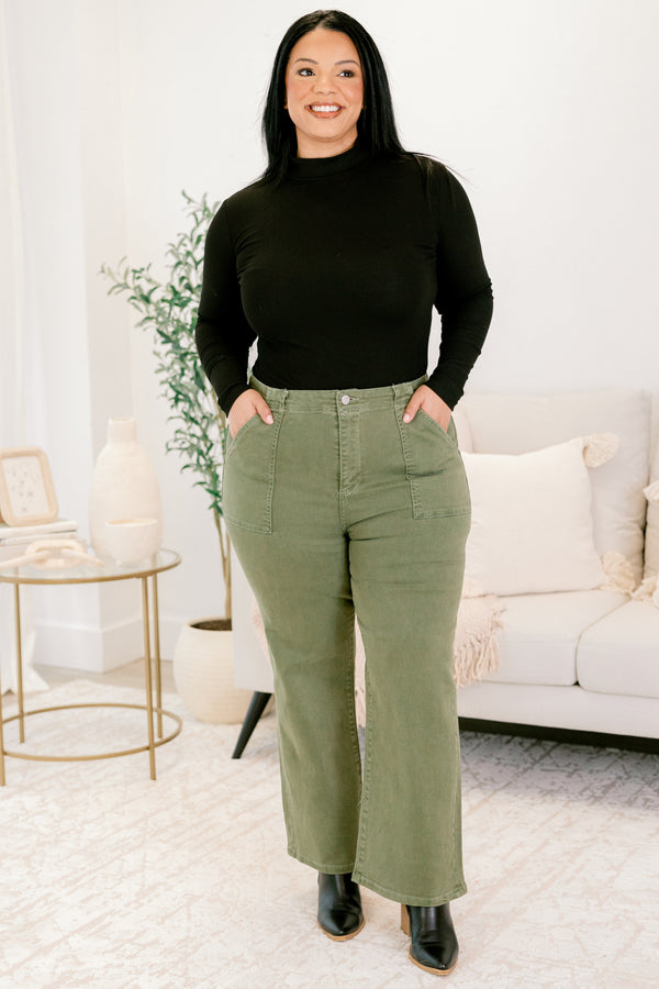 Chic soul plus size clothing, moss green flare jeans with front larger pockets