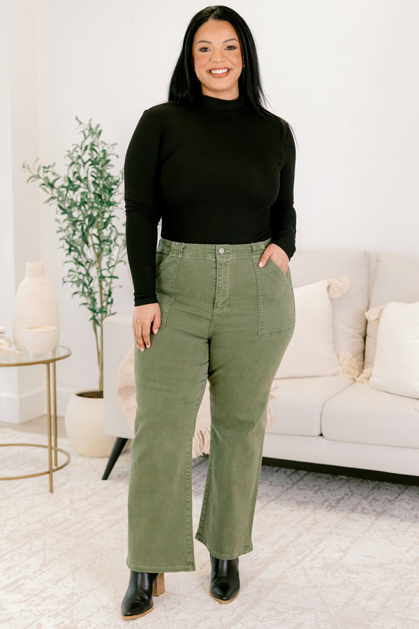 Chic soul plus size clothing, moss green flare jeans with front larger pockets
