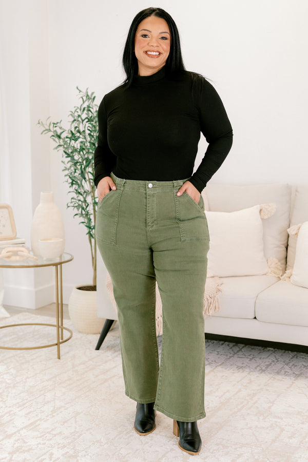 Chic soul plus size clothing, moss green flare jeans with front larger pockets