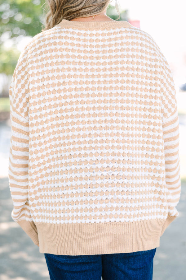 Plus size clothing, brown and white gingham sweater