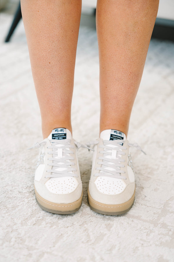 Plus Size white backless mule sneakers with a crystal star patch and tan rubber soles.