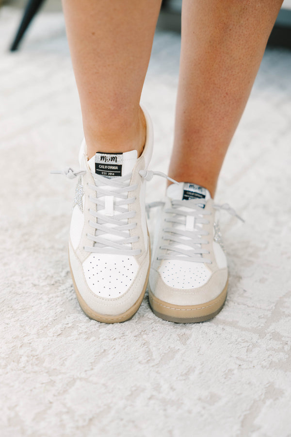 Plus Size white backless mule sneakers with a crystal star patch and tan rubber soles.