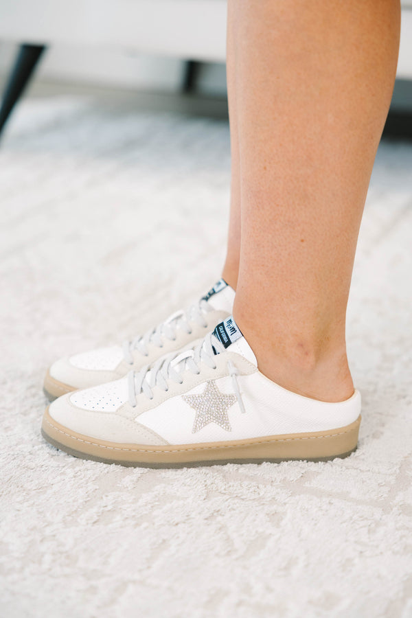Plus Size white backless mule sneakers with a crystal star patch and tan rubber soles.