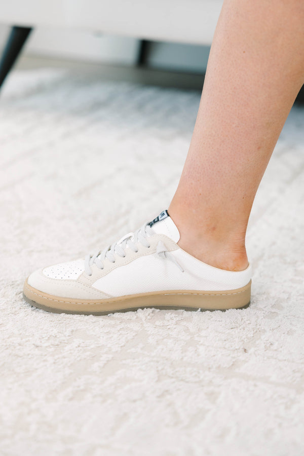 Plus Size white backless mule sneakers with a crystal star patch and tan rubber soles.