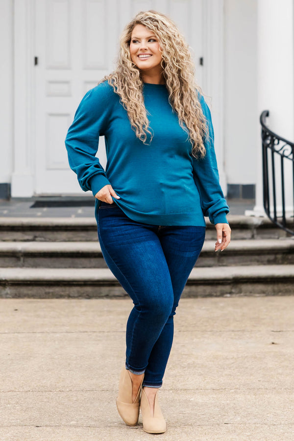 Chic Soul plus size clothing, teal long sleeves top with bubble sleeves