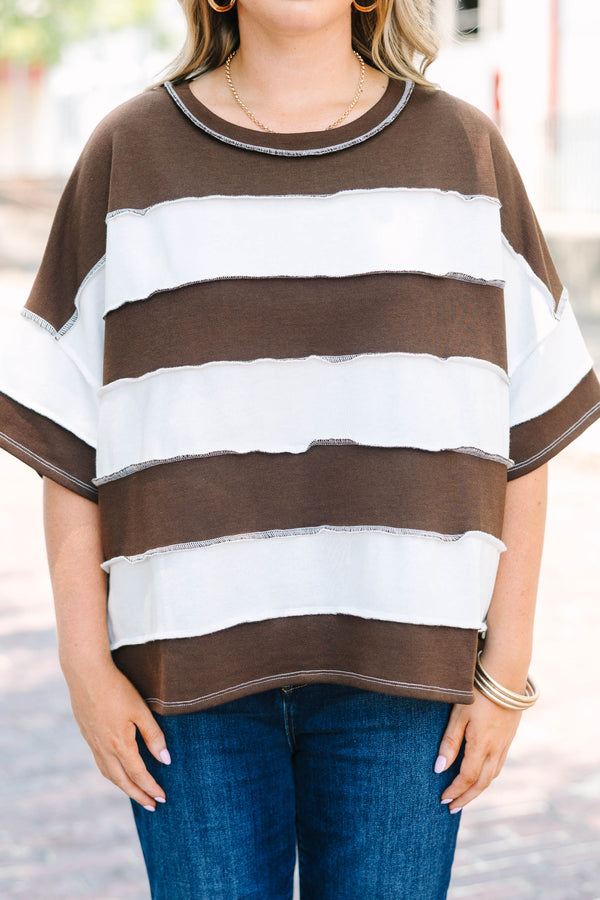 Plus Size chocolate brown and white horizontal striped top with raw seam details and short sleeves.