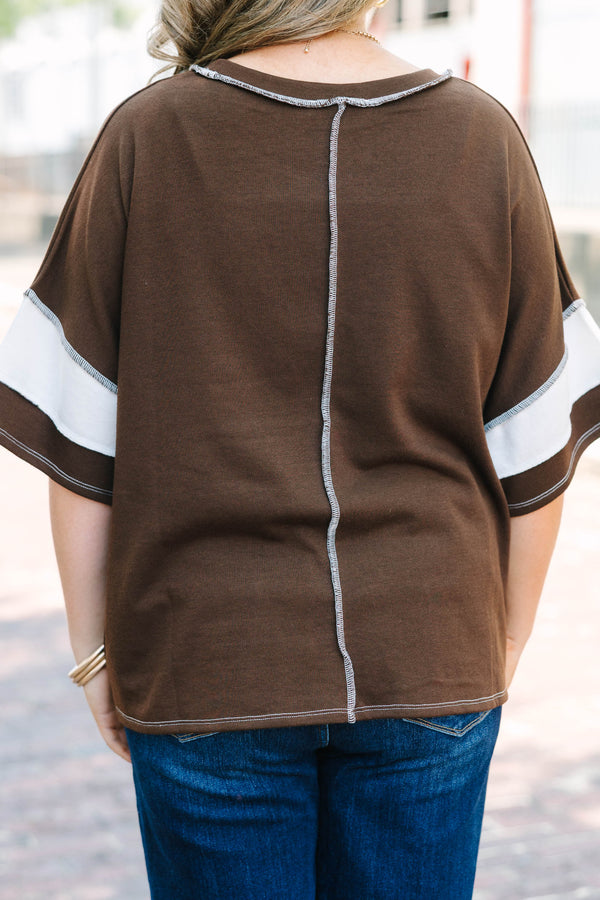 Plus Size chocolate brown and white horizontal striped top with raw seam details and short sleeves.