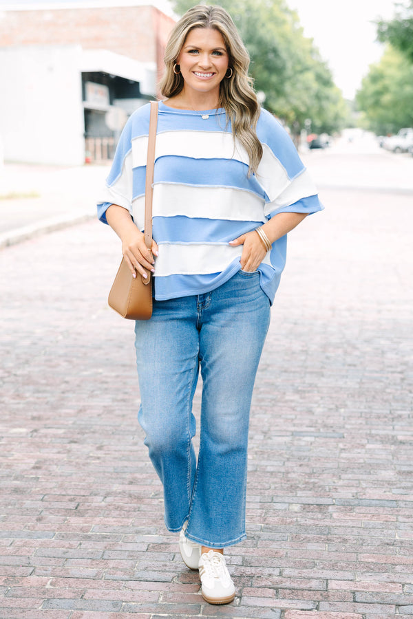 Plus Size cornflower blue and white striped French terry top with exposed seams and relaxed fit.
