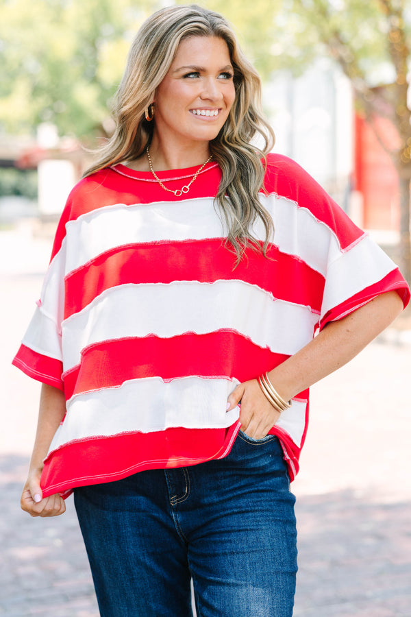 Plus Size ruby and white striped French terry top with exposed seams and a relaxed fit.