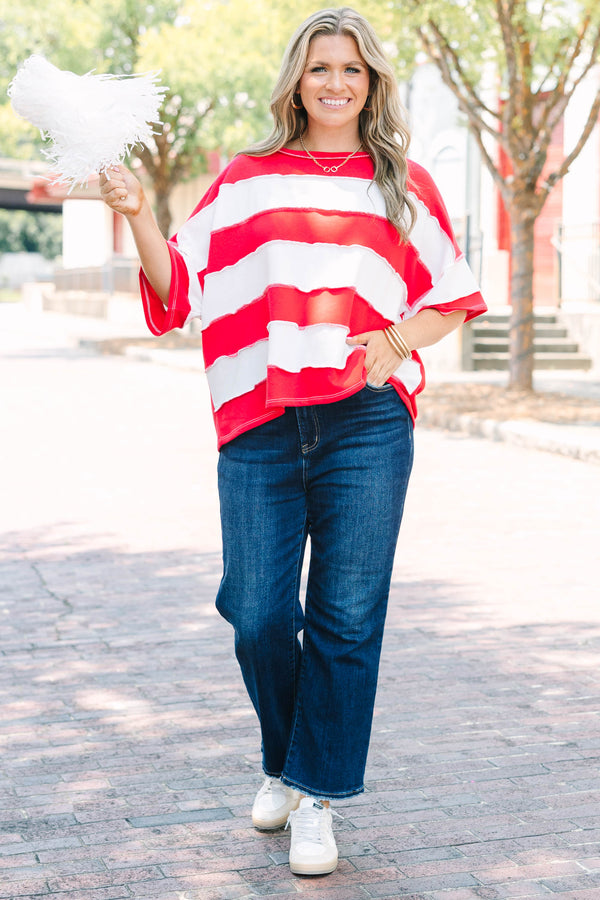Plus Size ruby and white striped French terry top with exposed seams and a relaxed fit.
