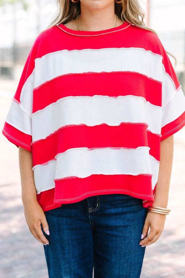 Plus Size ruby and white striped French terry top with exposed seams and a relaxed fit.