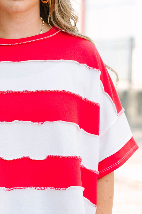 Plus Size ruby and white striped French terry top with exposed seams and a relaxed fit.