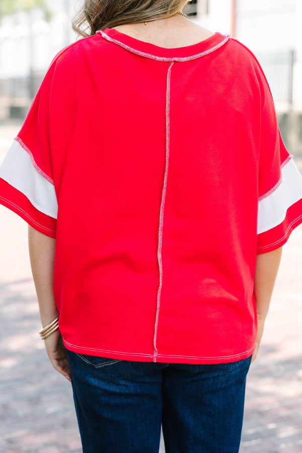 Plus Size ruby and white striped French terry top with exposed seams and a relaxed fit.
