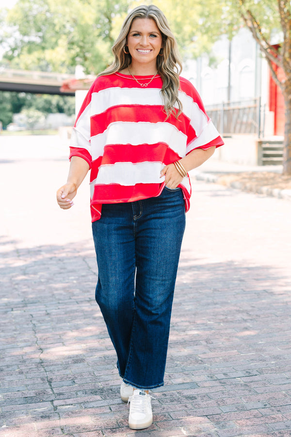 Plus Size ruby and white striped French terry top with exposed seams and a relaxed fit.