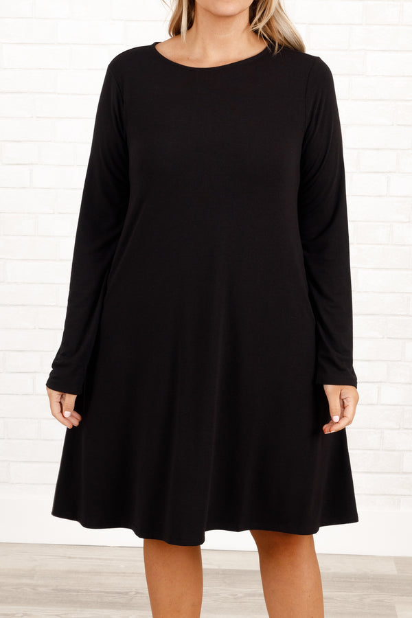 Chic Soul plus size clothing, black flowy long sleeve dress with pockets