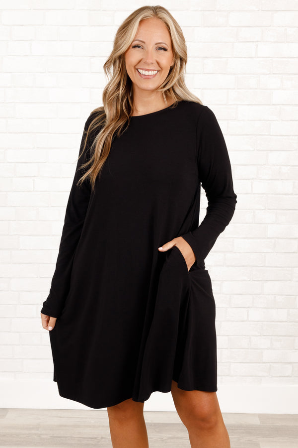 Chic Soul plus size clothing, black flowy long sleeve dress with pockets