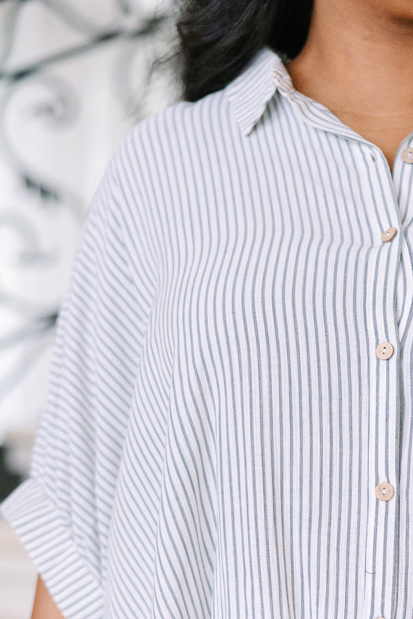 Plus size relaxed black and white striped button-up top with dolman sleeves and a flowing silhouette.