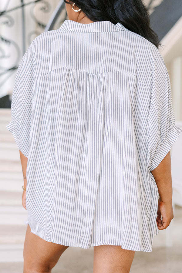 Plus size relaxed black and white striped button-up top with dolman sleeves and a flowing silhouette.