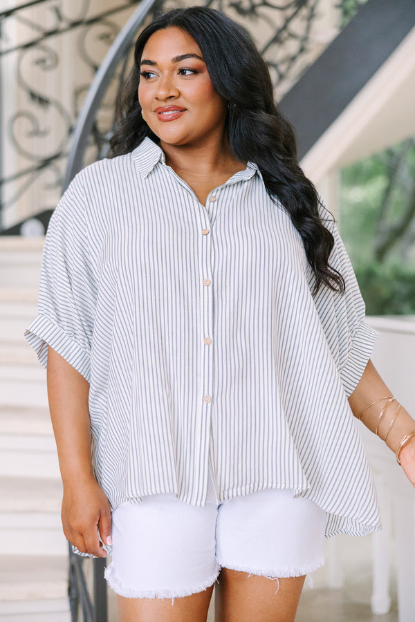Plus size relaxed black and white striped button-up top with dolman sleeves and a flowing silhouette.