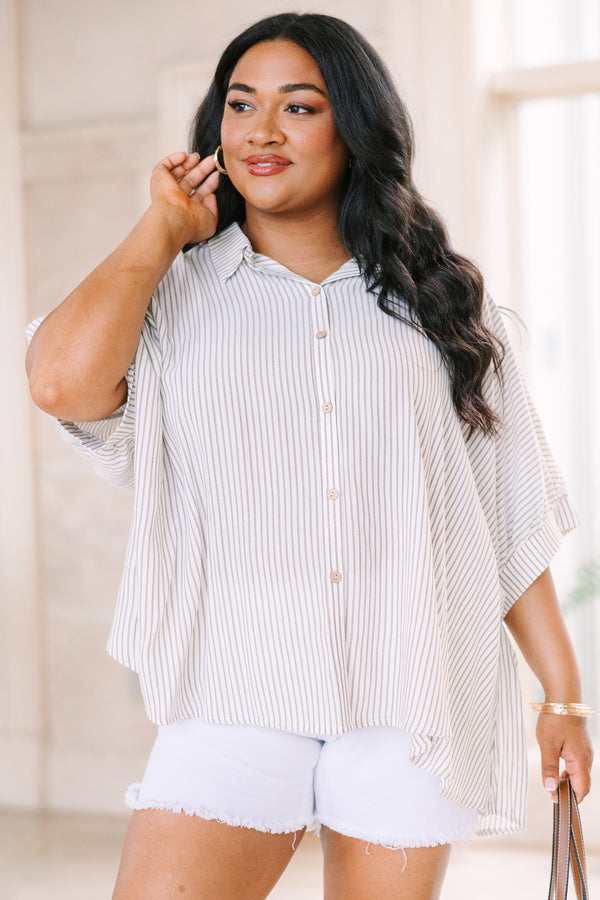 Relaxed taupe and white striped button-up top with dolman sleeves and a flowing silhouette.