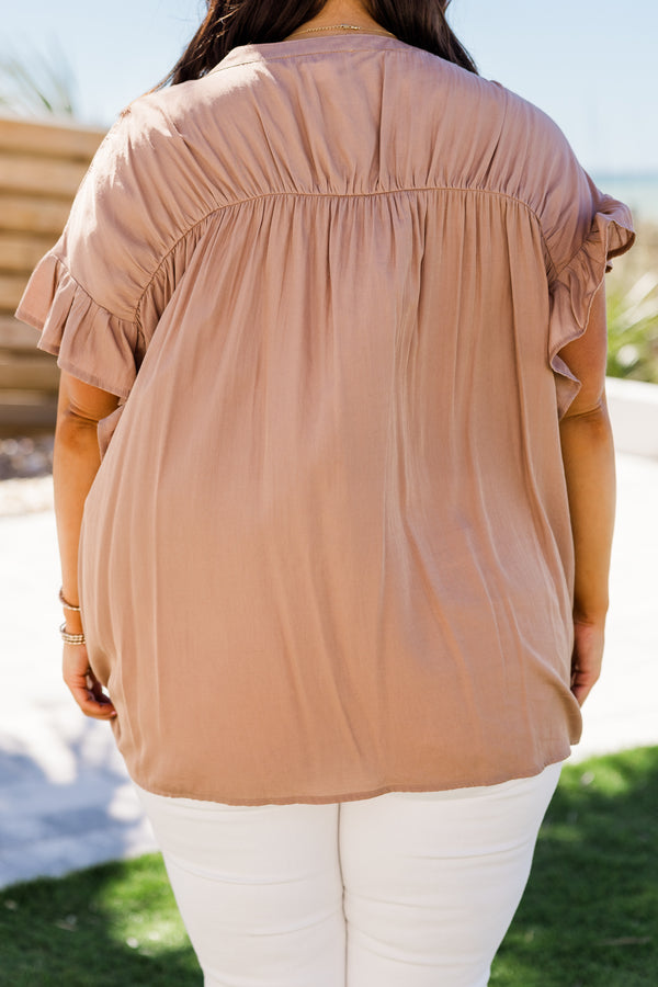 Chic Soul plus size clothing, ruffled-short-sleeve mocha brown buttoned top with a smocked ruffled neckline and silver button detailing