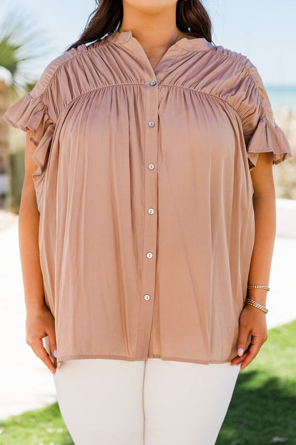 Chic Soul plus size clothing, ruffled-short-sleeve mocha brown buttoned top with a smocked ruffled neckline and silver button detailing