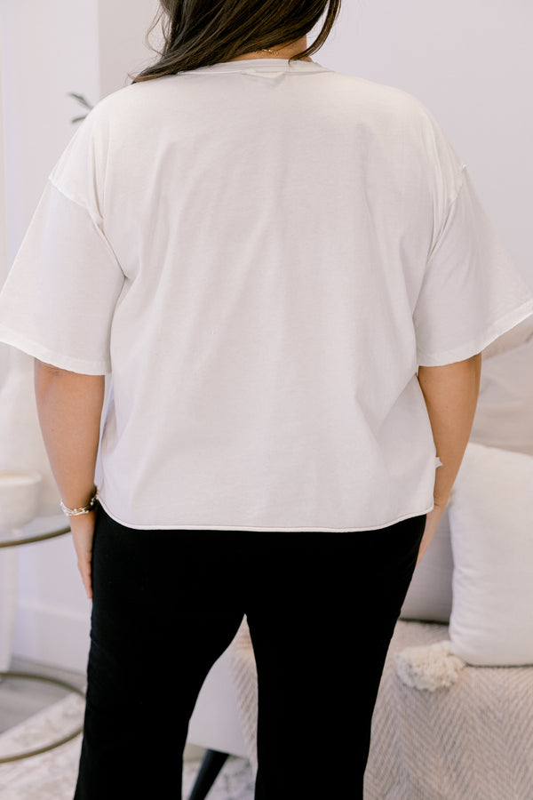 Chic Soul plus size clothing, white short sleeve vintage wash cropped tee with 