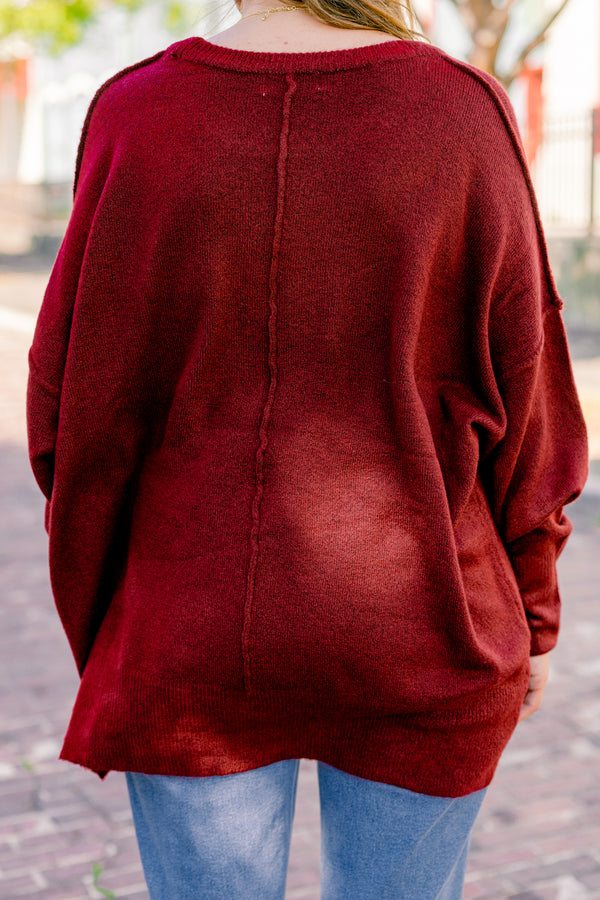 Chic Soul plus size clothing, Heather burgundy long sleeve sweater with a pocket of the left side of the chest