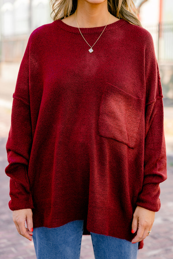 Chic Soul plus size clothing, Heather burgundy long sleeve sweater with a pocket of the left side of the chest
