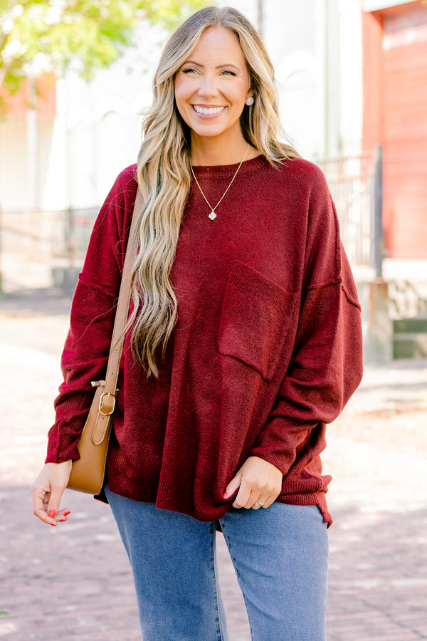 Chic Soul plus size clothing, Heather burgundy long sleeve sweater with a pocket of the left side of the chest