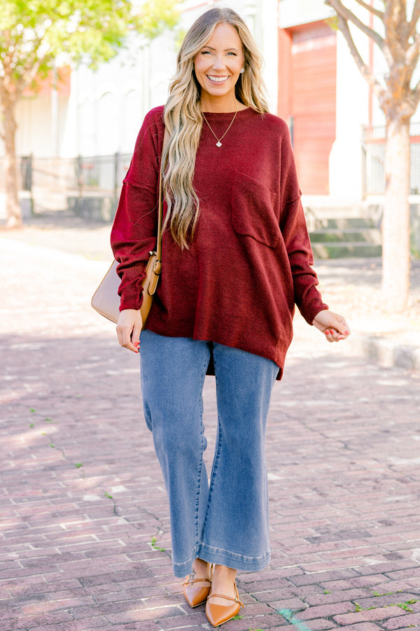 Chic Soul plus size clothing, Heather burgundy long sleeve sweater with a pocket of the left side of the chest