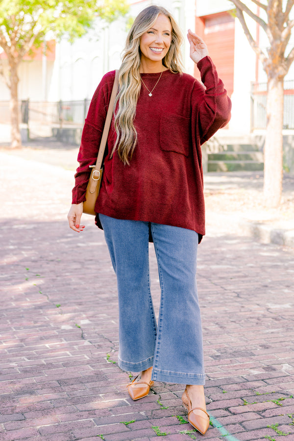 Chic Soul plus size clothing, Heather burgundy long sleeve sweater with a pocket of the left side of the chest