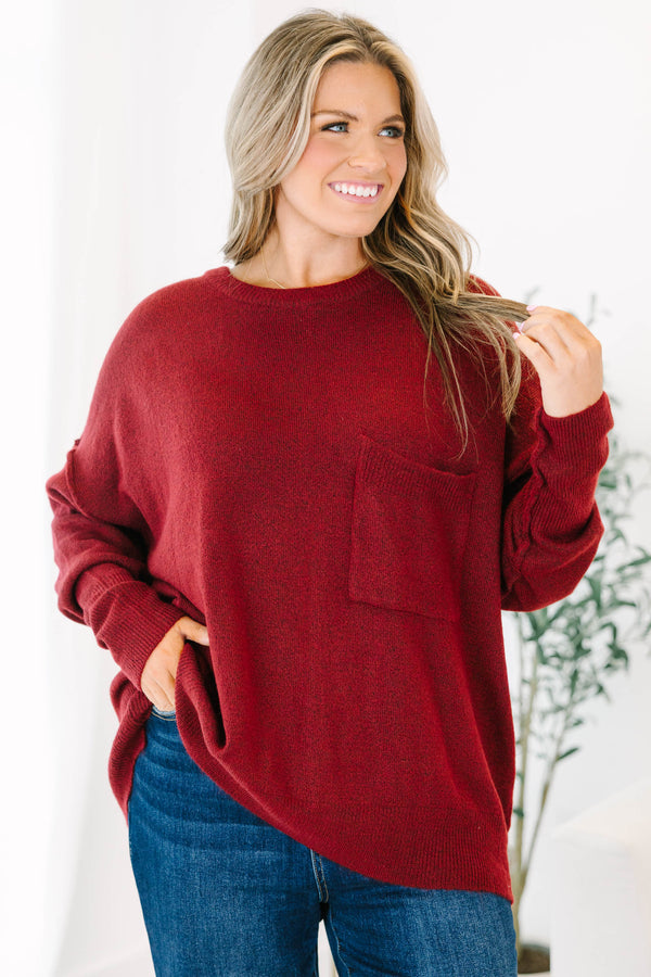 Chic Soul plus size clothing, Heather burgundy long sleeve sweater with a pocket of the left side of the chest