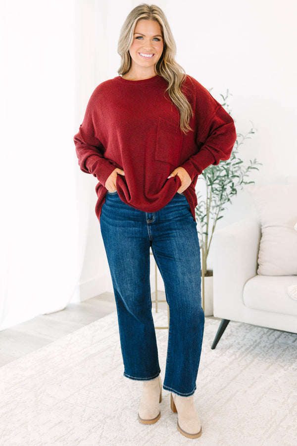 Chic Soul plus size clothing, Heather burgundy long sleeve sweater with a pocket of the left side of the chest