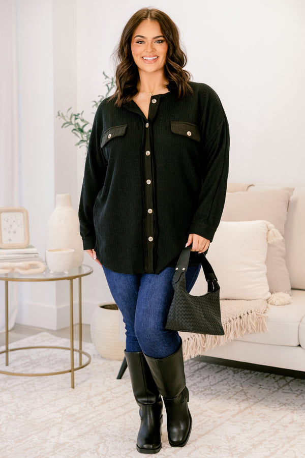 Chic Soul plus size clothing, black long sleeve shacket with buttons down the front and two front breast pockets with button closure