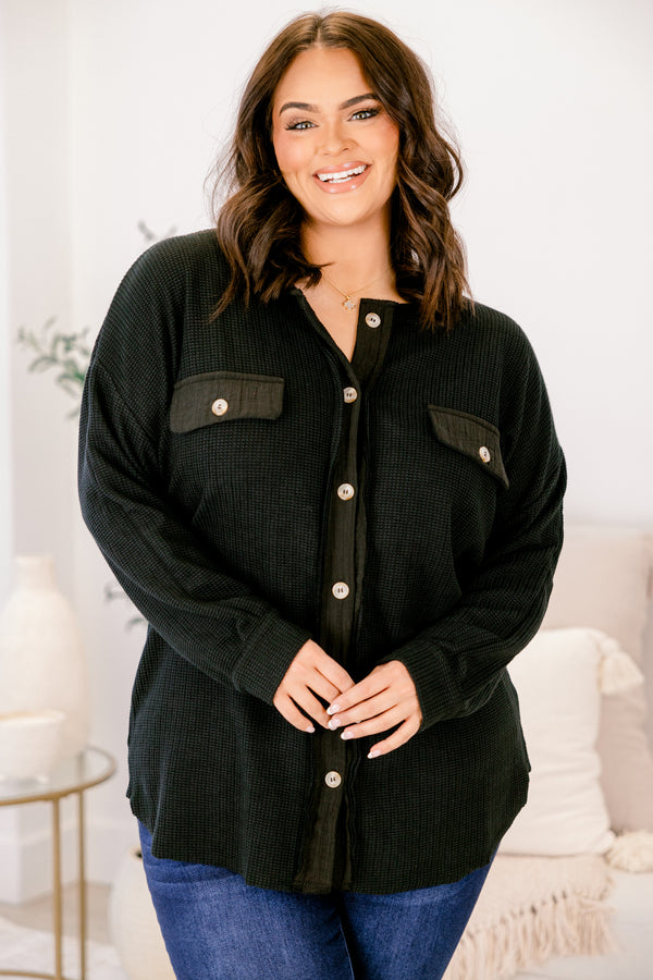 Chic Soul plus size clothing, black long sleeve shacket with buttons down the front and two front breast pockets with button closure