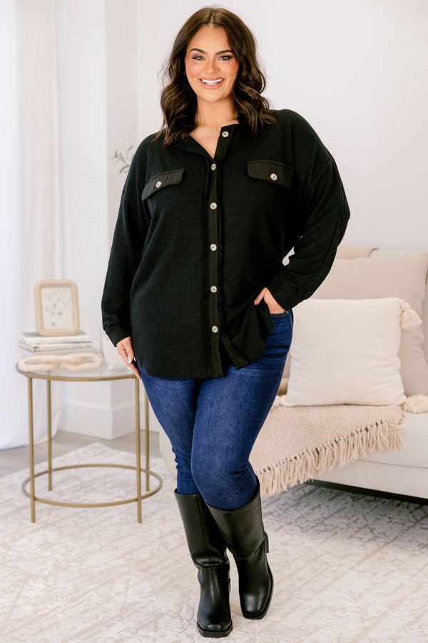Chic Soul plus size clothing, black long sleeve shacket with buttons down the front and two front breast pockets with button closure