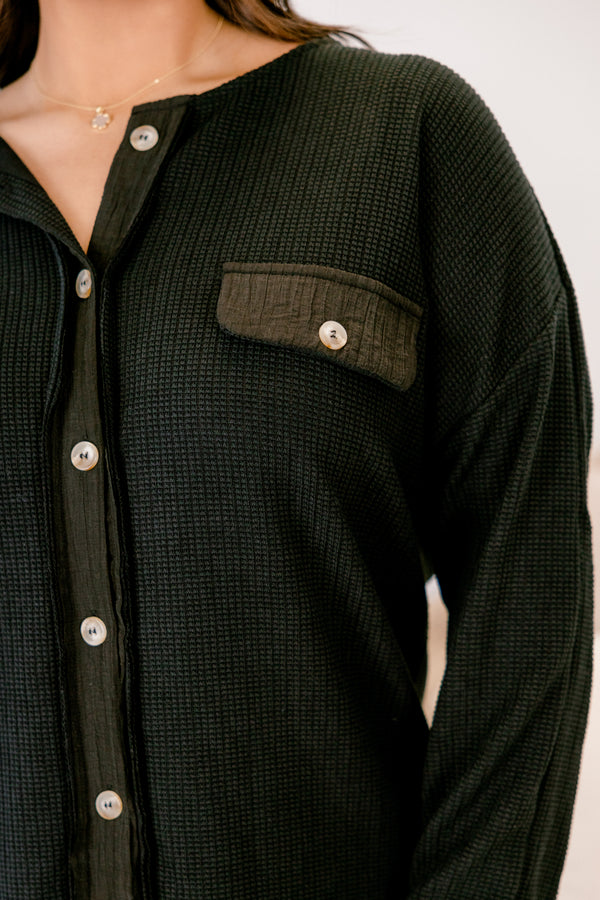 Chic Soul plus size clothing, black long sleeve shacket with buttons down the front and two front breast pockets with button closure